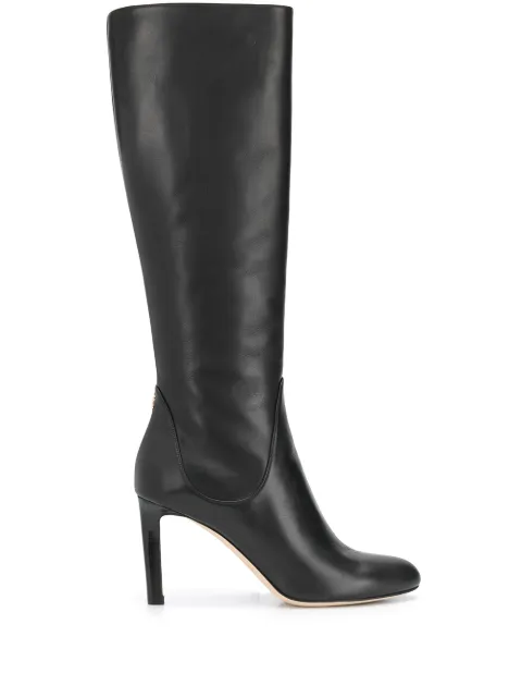square toe knee high leather boots black
