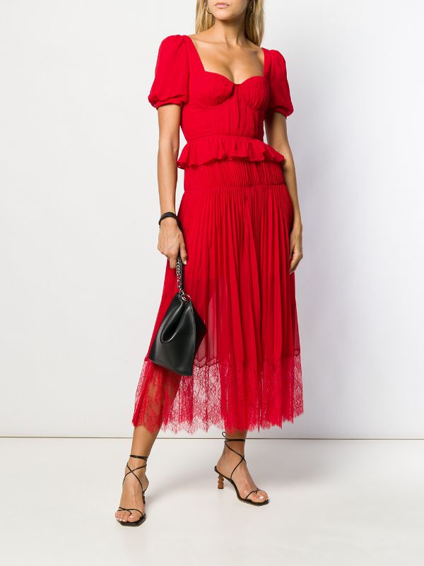 Red Self Portrait Short Sleeved Chiffon Midi Dress Farfetch Com