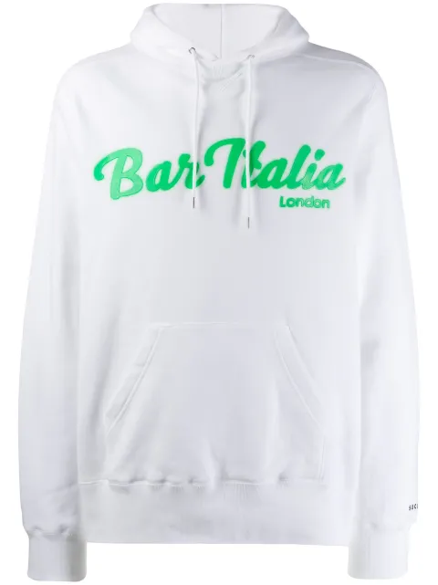 Click to view more detailed imagery on our partner's website Sacai X Bar Italia Textured Slogan Print Hoodie In 101 White