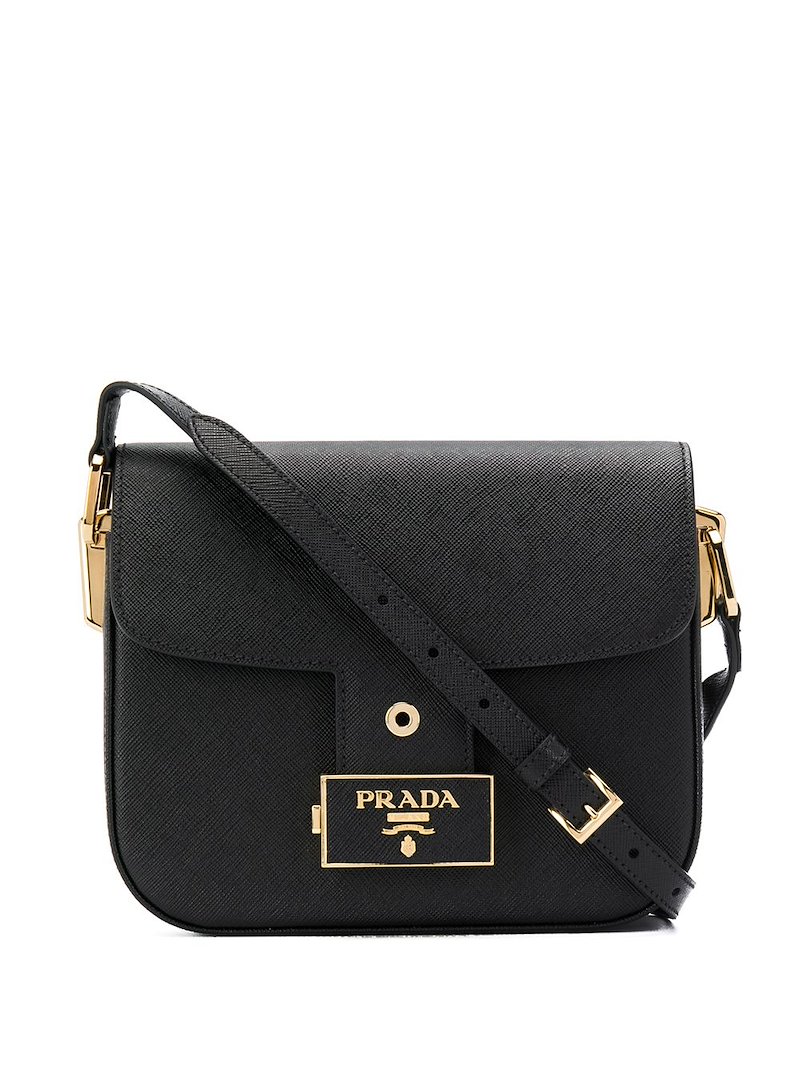 Prada Ensemble logo plaque shoulder bag black | MODES