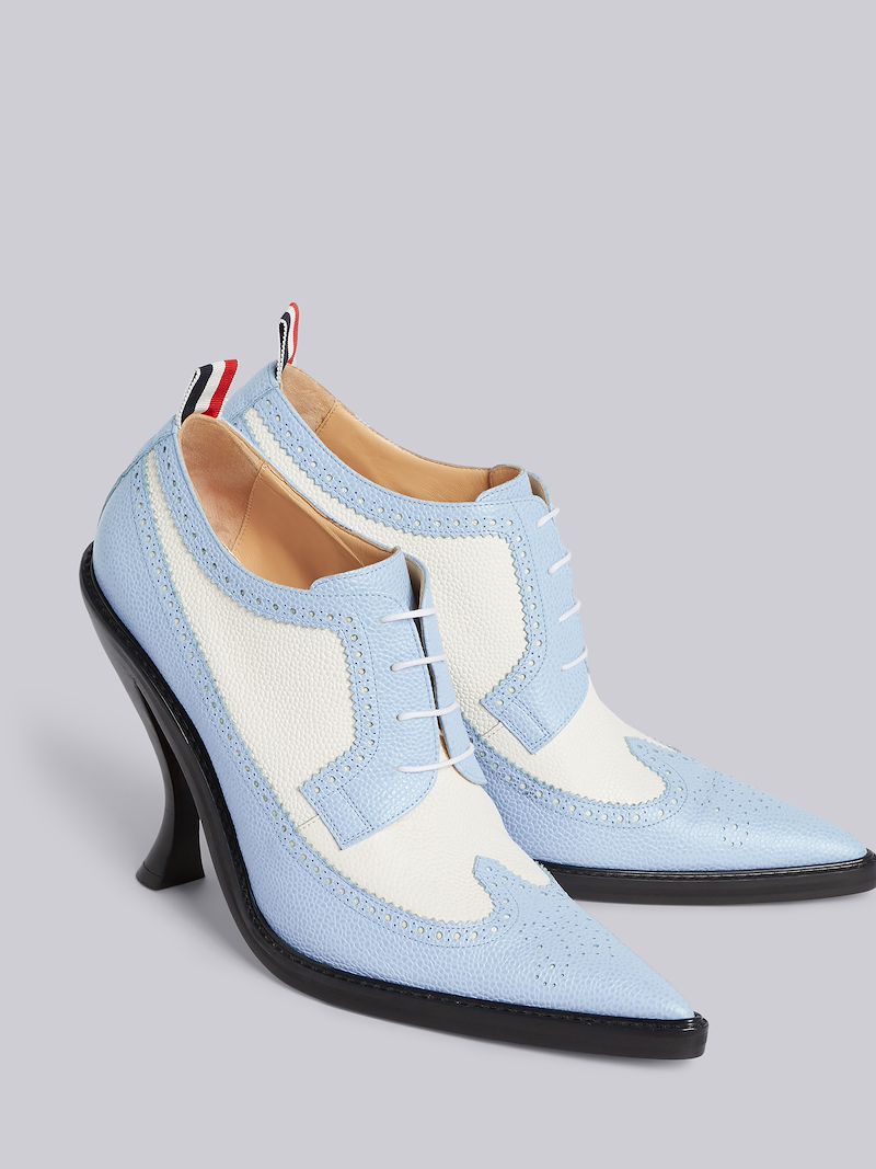 Light Blue Pebbled Calfskin Brogue Spectator Curved High Heel Thom