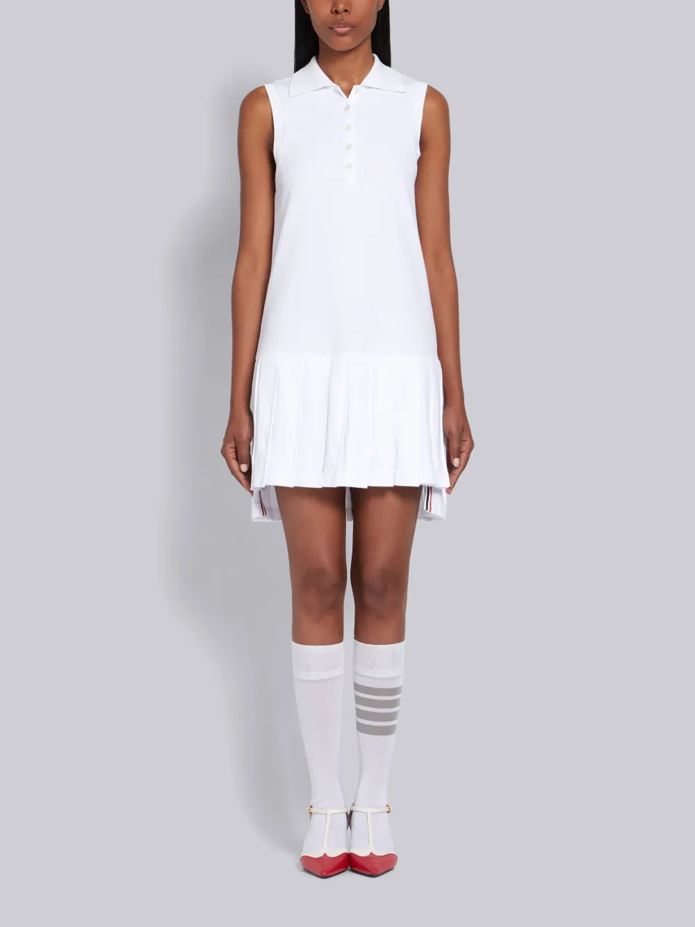 THOM BROWNE THOM BROWNE WHITE PIQUE CENTER BACK RWB STRIPE SLEEVELESS PLEATED TENNIS DRESS,FJD057A0005014179841