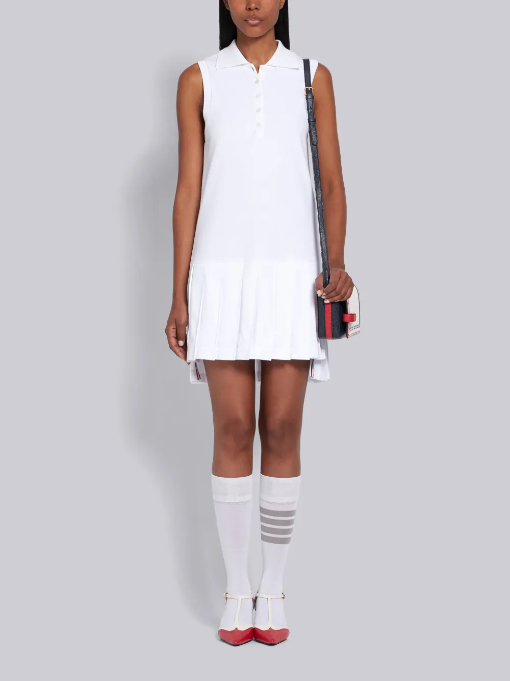 THOM BROWNE THOM BROWNE WHITE PIQUE CENTER BACK RWB STRIPE SLEEVELESS PLEATED TENNIS DRESS,FJD057A0005014179841