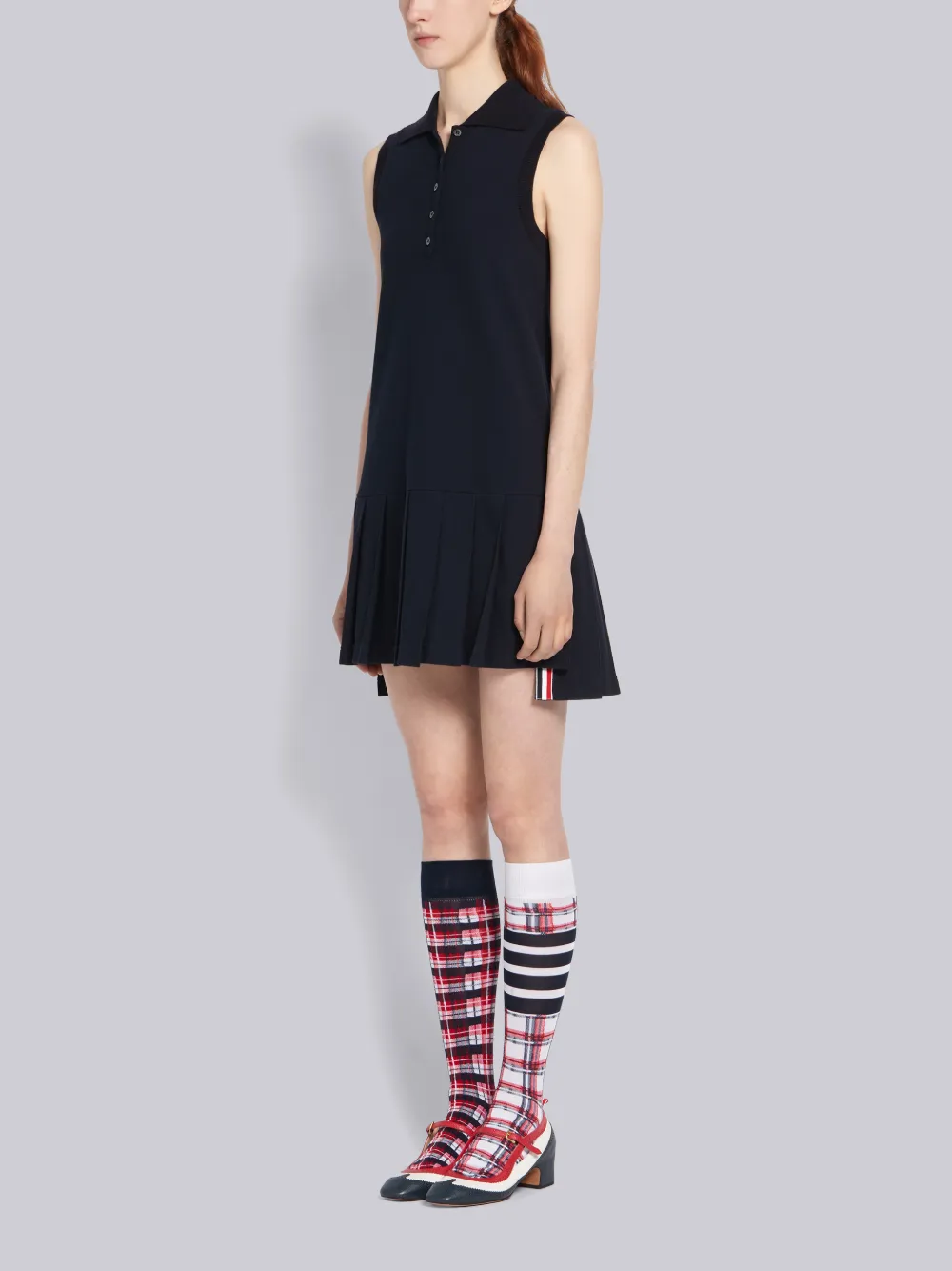 THOM BROWNE THOM BROWNE NAVY PIQUE CENTER BACK RWB STRIPE SLEEVELESS PLEATED TENNIS DRESS,FJD057A0005014179842