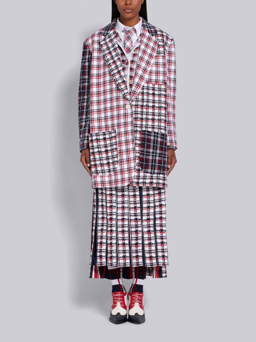 THOM BROWNE THOM BROWNE TWEED-DETAIL CHECK-PRINT COAT,FBC577F0614914179867