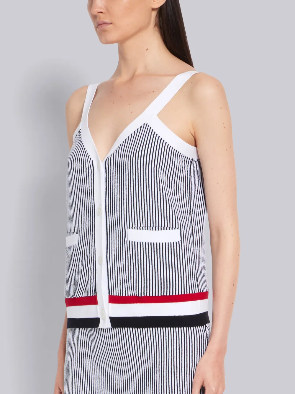 THOM BROWNE THOM BROWNE NAVY SEERSUCKER RWB RIBBED V-NECK CARDIGAN TANK TOP,FJS051A0173214179885