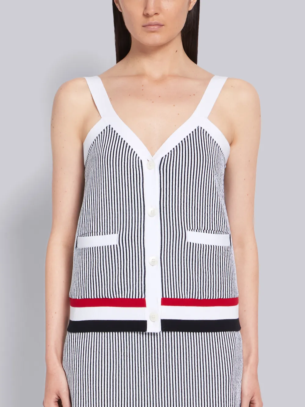 THOM BROWNE THOM BROWNE NAVY SEERSUCKER RWB RIBBED V-NECK CARDIGAN TANK TOP,FJS051A0173214179885
