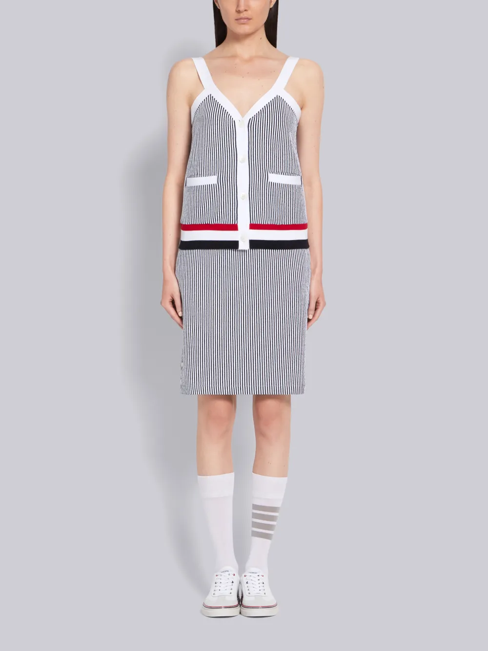 THOM BROWNE THOM BROWNE NAVY SEERSUCKER RWB RIBBED V-NECK CARDIGAN TANK TOP,FJS051A0173214179885