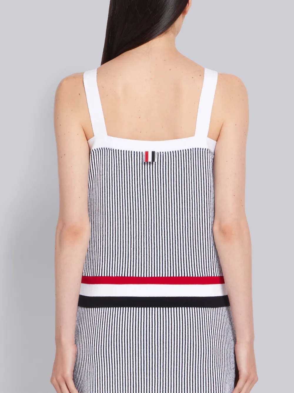 THOM BROWNE THOM BROWNE NAVY SEERSUCKER RWB RIBBED V-NECK CARDIGAN TANK TOP,FJS051A0173214179885
