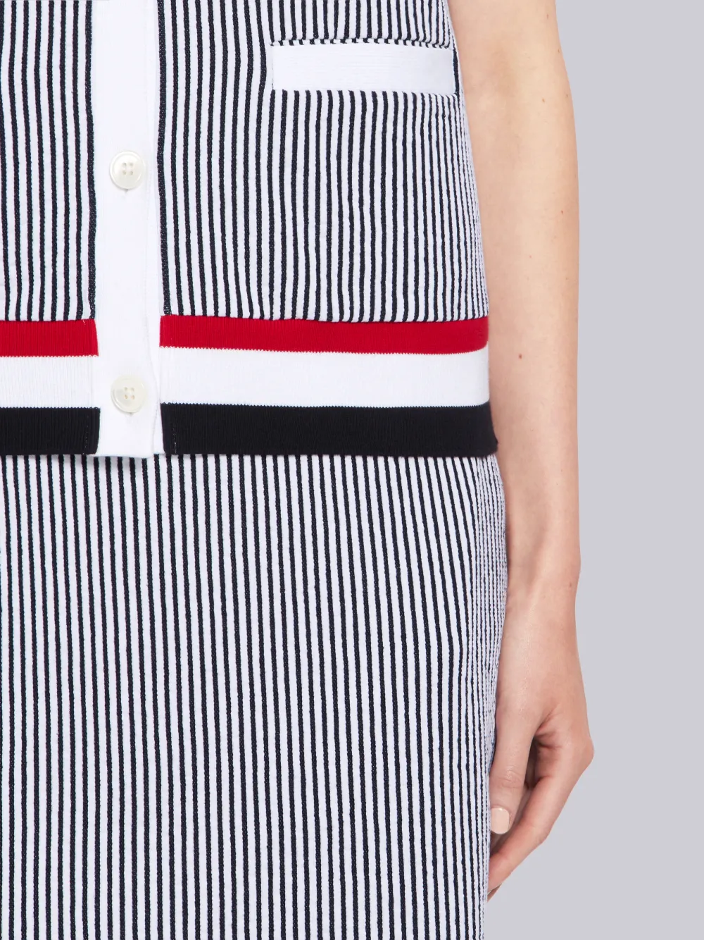 THOM BROWNE THOM BROWNE NAVY SEERSUCKER RWB RIBBED V-NECK CARDIGAN TANK TOP,FJS051A0173214179885