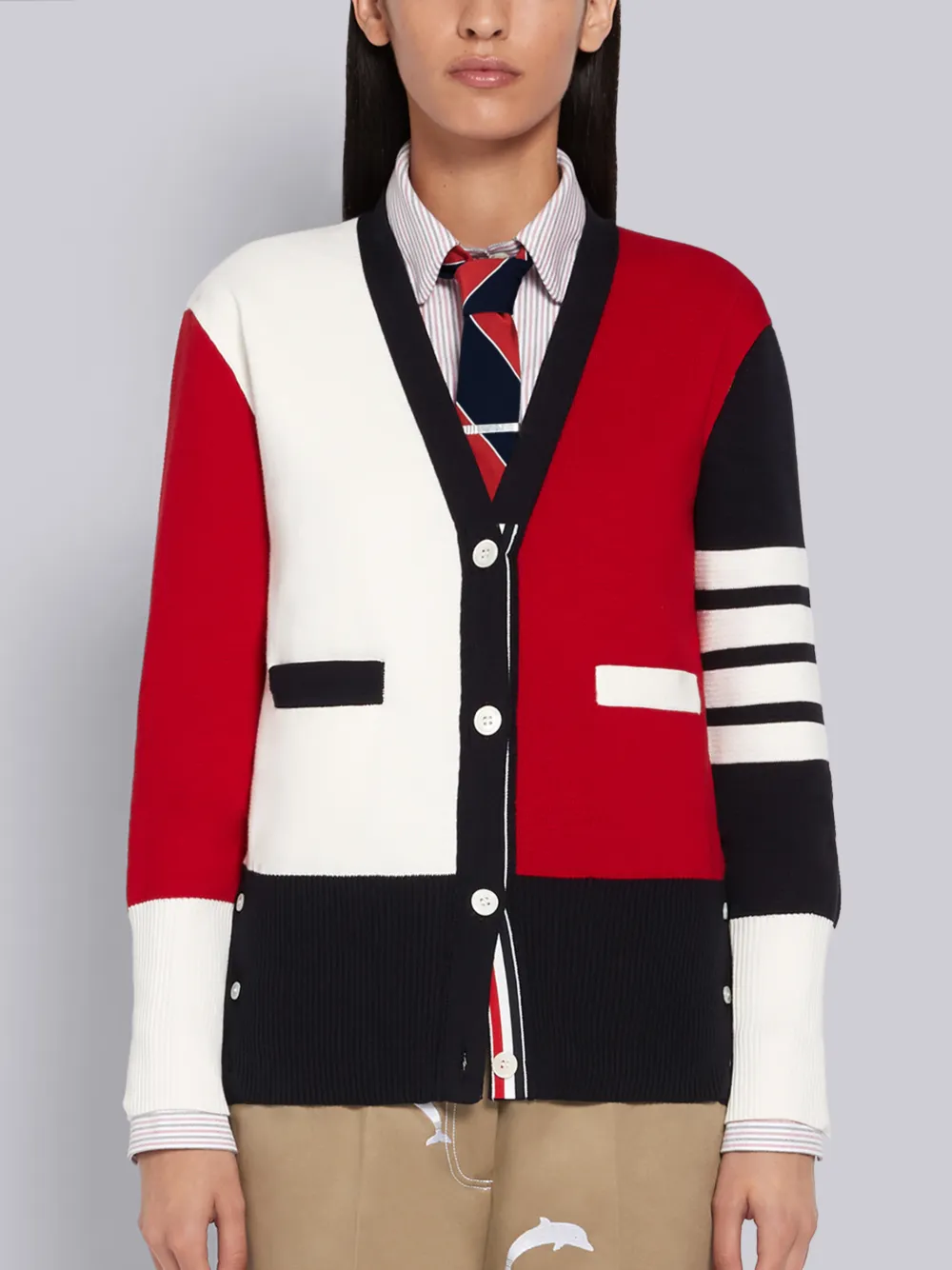 Thom Browne 4-bar Colorblock Wool Cardigan In Red