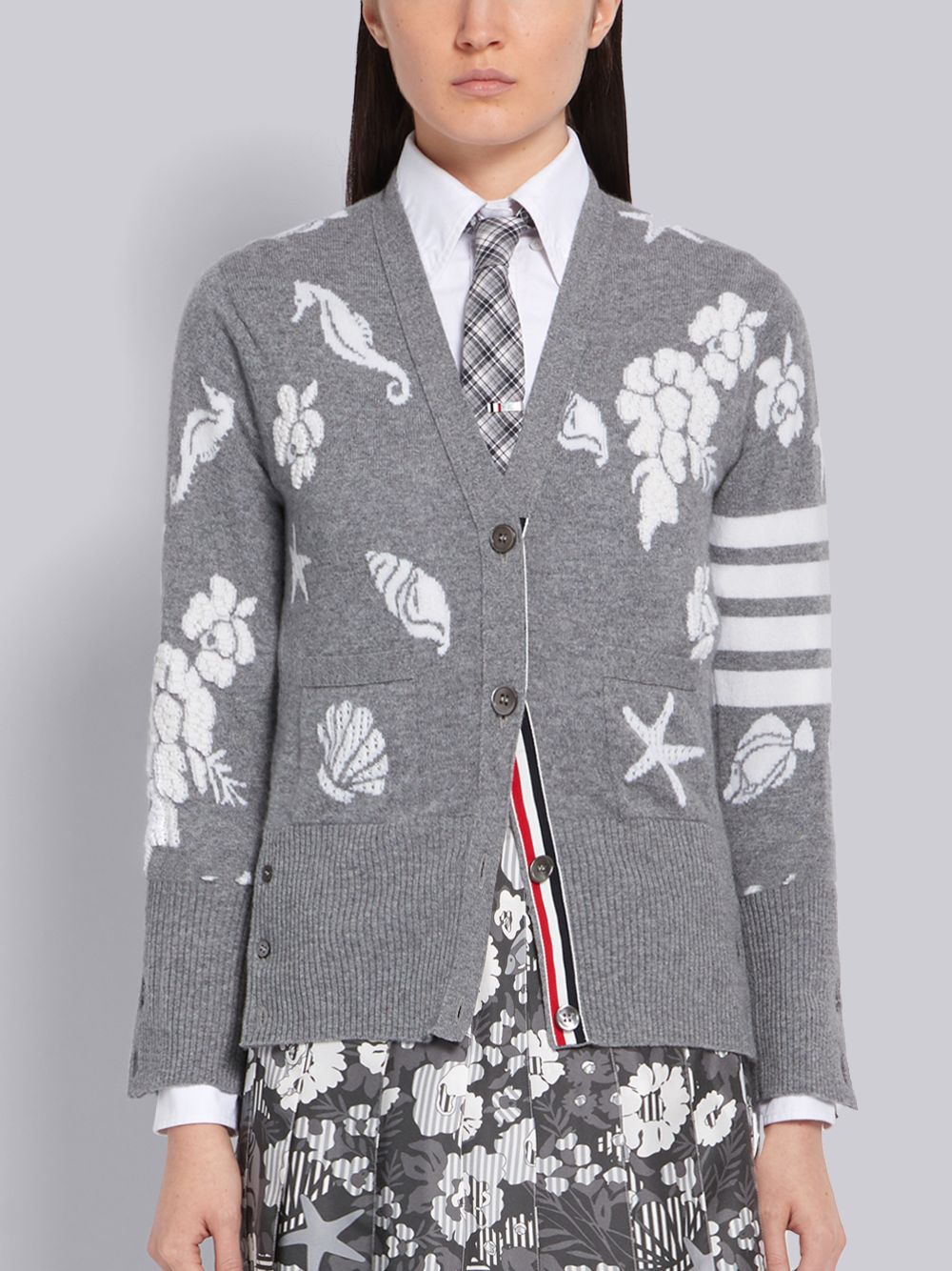 THOM BROWNE THOM BROWNE LIGHT GREY CASHMERE OCEAN FLOOR INTARSIA V-NECK 4-BAR CARDIGAN,FKC310A0001114181852