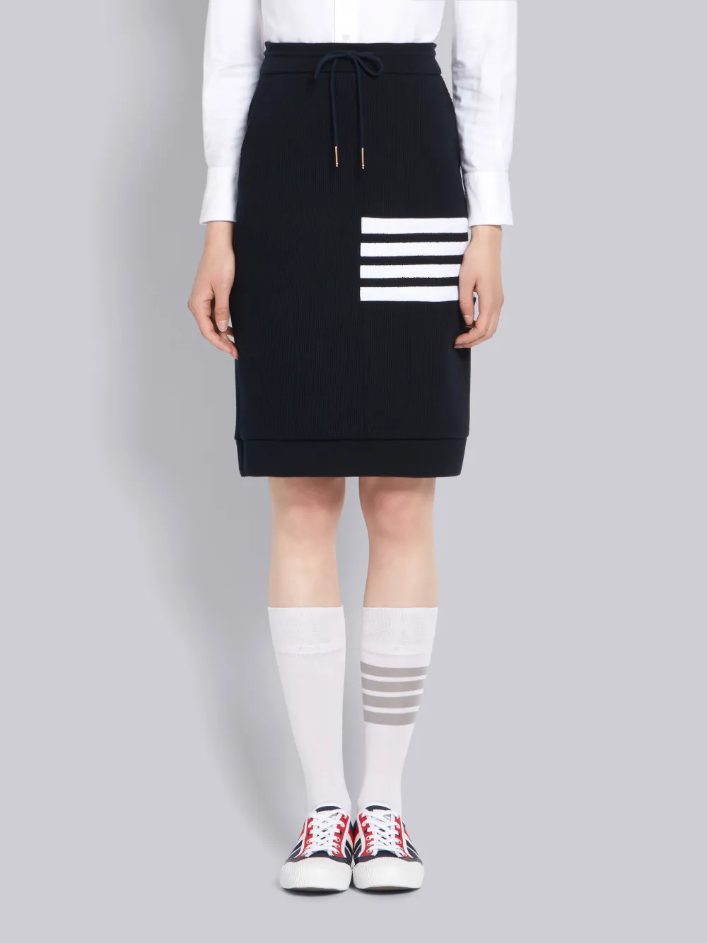 THOM BROWNE THOM BROWNE NAVY WAFFLE KNIT SACK 4-BAR SKIRT,FJK023A0645214181907