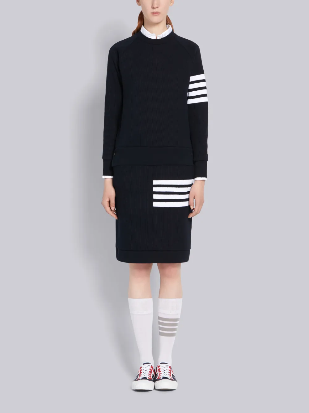 THOM BROWNE THOM BROWNE NAVY WAFFLE KNIT SACK 4-BAR SKIRT,FJK023A0645214181907