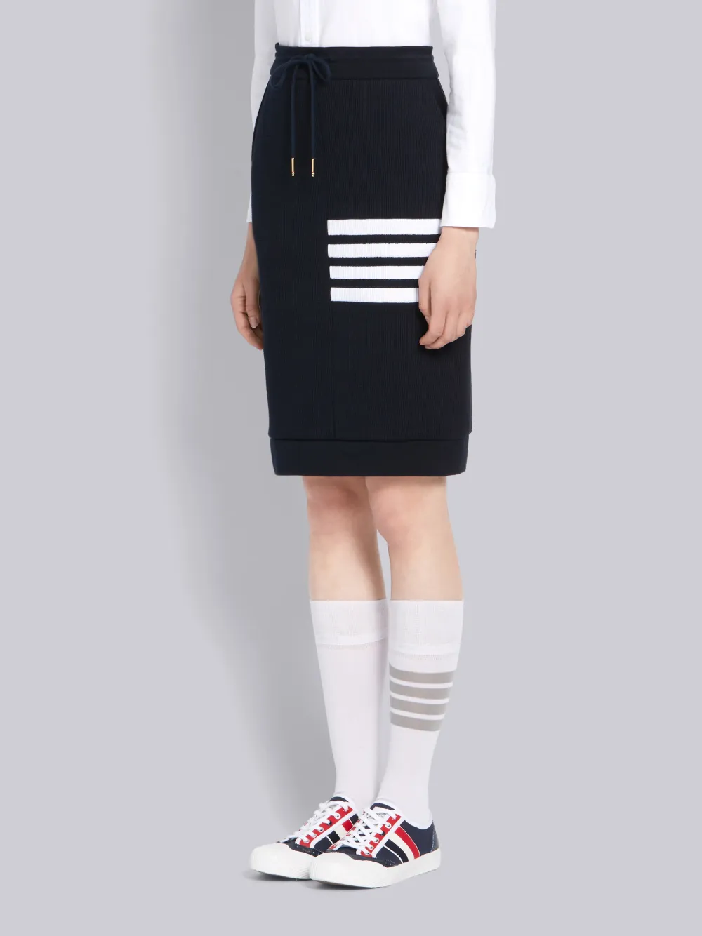 THOM BROWNE THOM BROWNE NAVY WAFFLE KNIT SACK 4-BAR SKIRT,FJK023A0645214181907