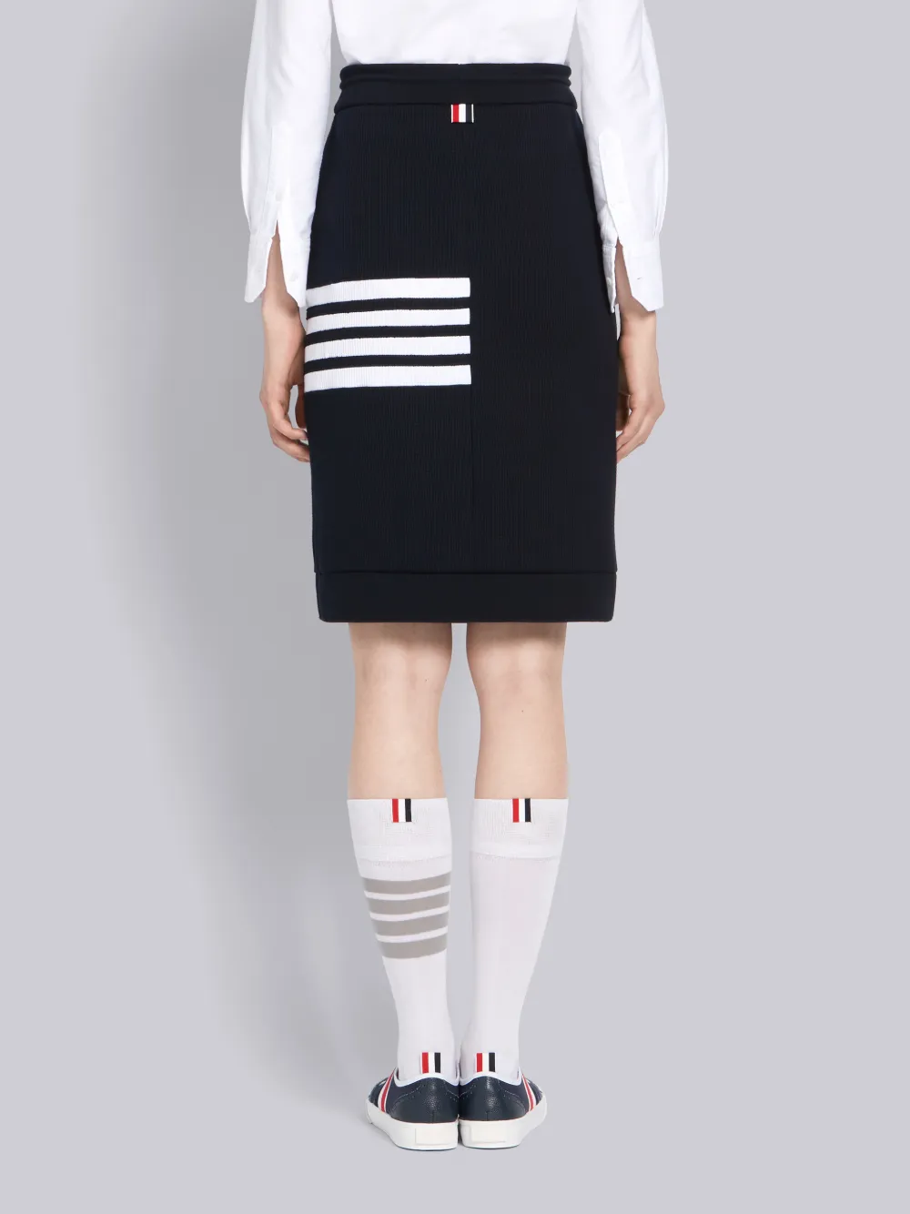 THOM BROWNE THOM BROWNE NAVY WAFFLE KNIT SACK 4-BAR SKIRT,FJK023A0645214181907