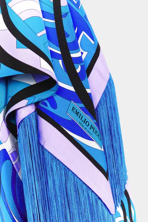 Tiki Print Fringed Silk-Twill Triangle Scarf in blue | PUCCI