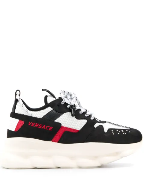 Click to view more detailed imagery on our partner's website Versace Chain Reaction 2.0 Panelled Suede And Mesh Sneakers In Dnwr Nero Bianco Geranium