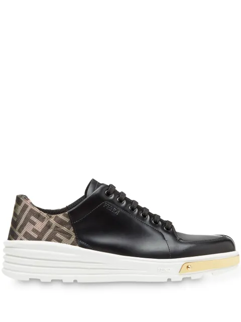 Click to view more detailed imagery on our partner's website Fendi Monogram Patch Mix Media Hybrid Sneakers In F183I Nero+Gold Caffe