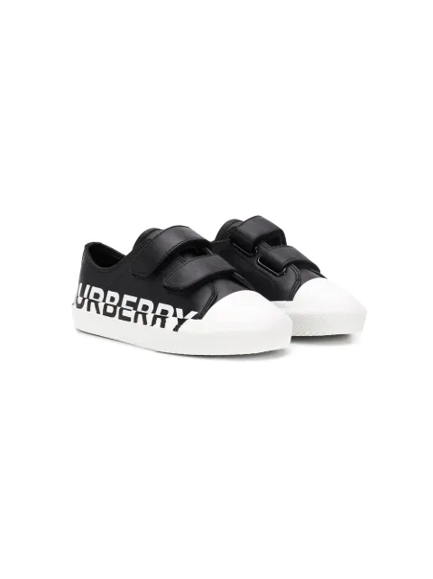 Click to view more detailed imagery on our partner's website Burberry Kids' Logo Print Leather Sneakers W/ Straps In A1189 Black/optic White