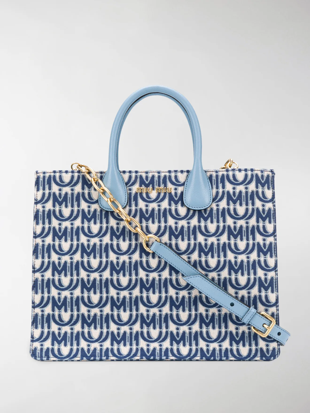 Miu Miu logo jacquard tote blue MODES