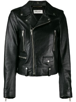 Shop black Saint Laurent cropped biker jacket with Express Delivery ...