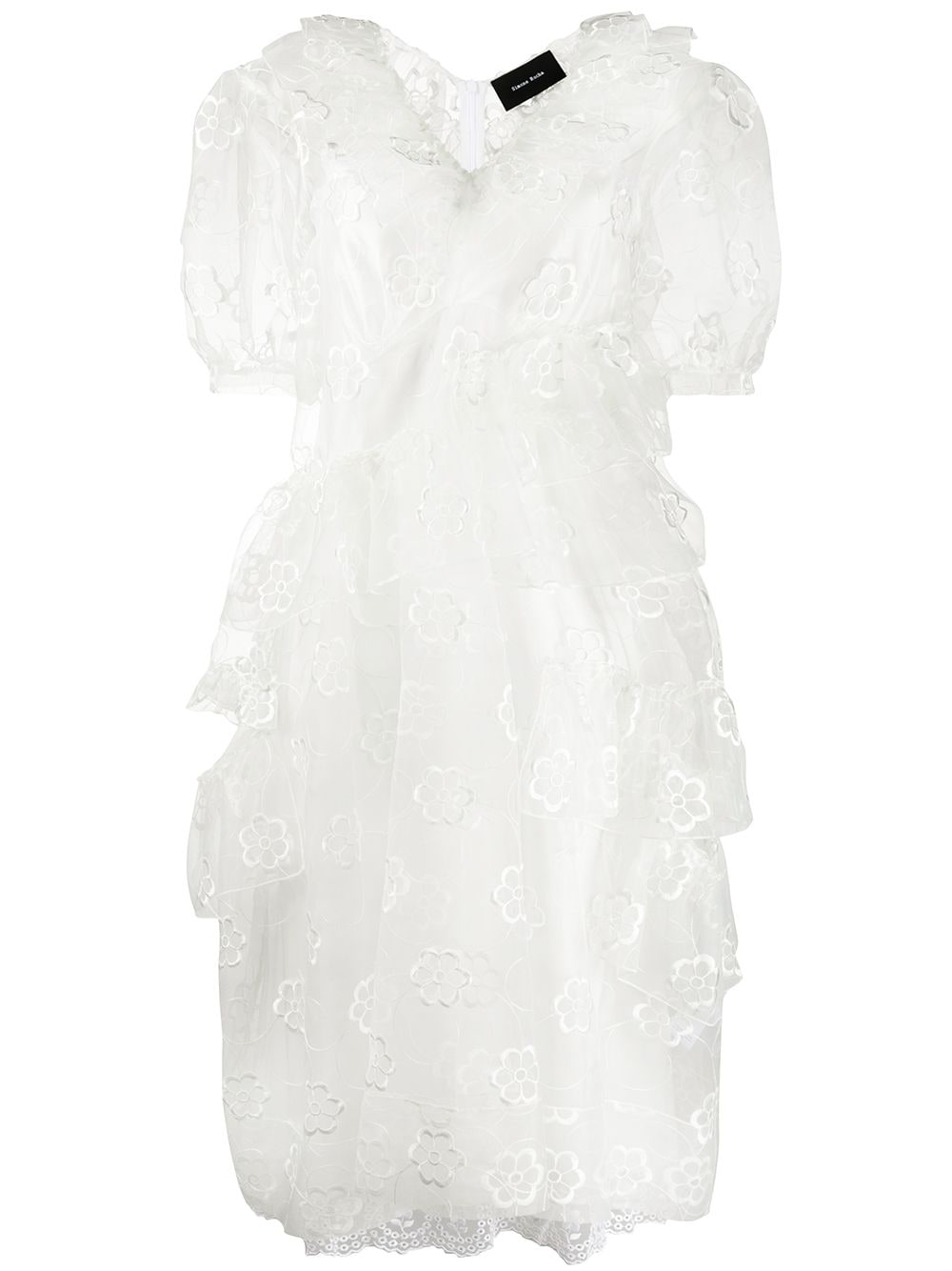 Simone Rocha Floral-embroidered Tulle Ruffle Dress In Neutrals