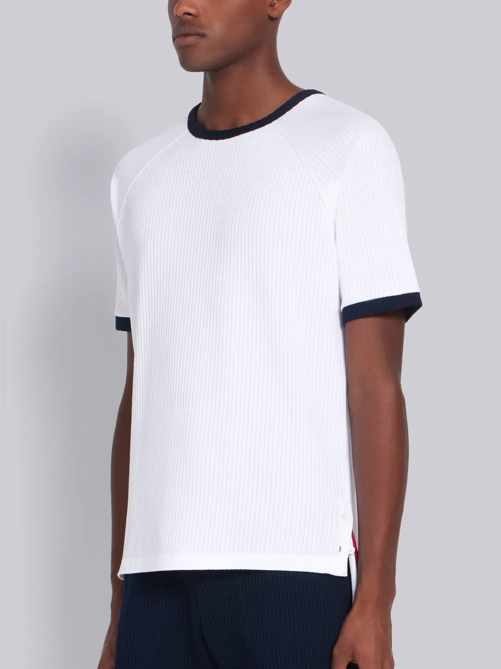 THOM BROWNE THOM BROWNE WHITE SEERSUCKER SHORT SLEEVE RINGER TEE,MJS109A0173214270308