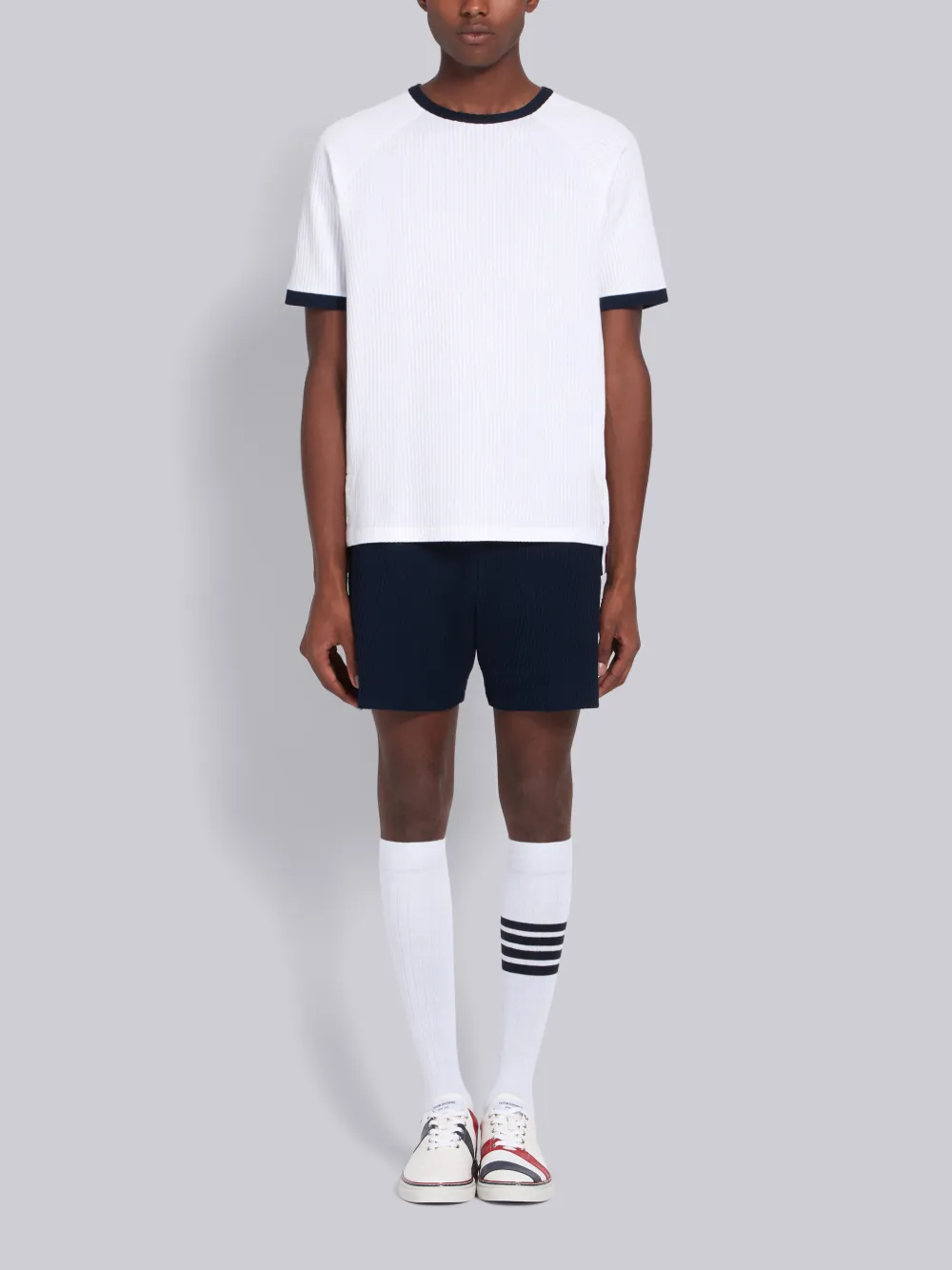 THOM BROWNE THOM BROWNE WHITE SEERSUCKER SHORT SLEEVE RINGER TEE,MJS109A0173214270308