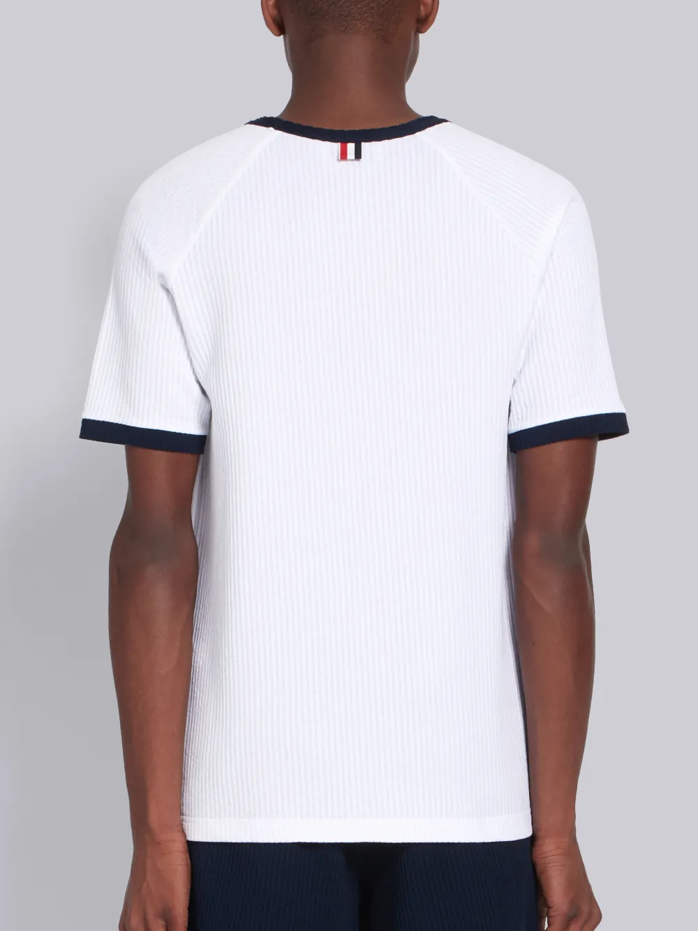 THOM BROWNE THOM BROWNE WHITE SEERSUCKER SHORT SLEEVE RINGER TEE,MJS109A0173214270308