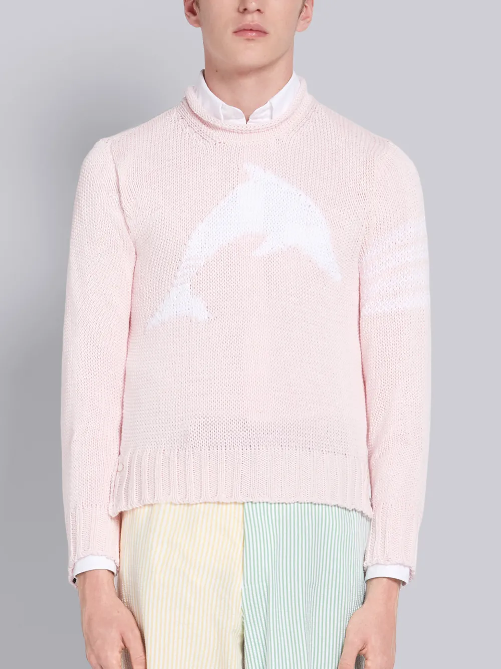 THOM BROWNE THOM BROWNE PINK COTTON DOLPHIN INTARSIA CREWNECK 4-BAR PULLOVER,MKA292A0021914270377