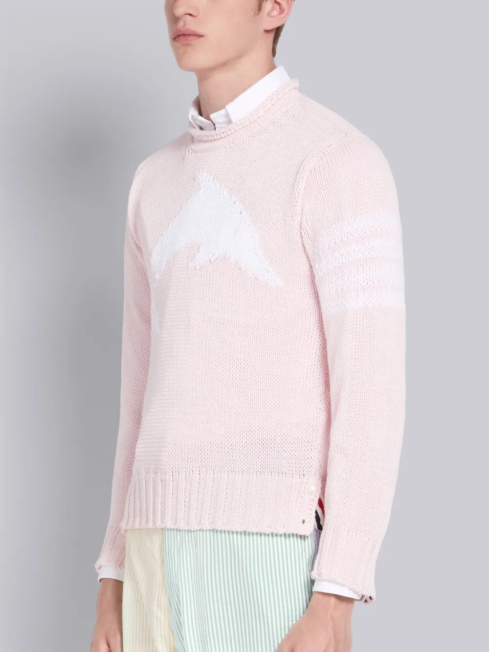 THOM BROWNE THOM BROWNE PINK COTTON DOLPHIN INTARSIA CREWNECK 4-BAR PULLOVER,MKA292A0021914270377