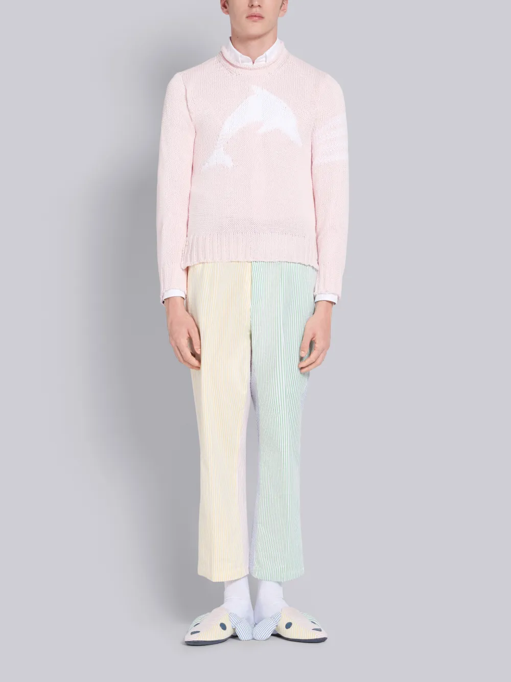 THOM BROWNE THOM BROWNE PINK COTTON DOLPHIN INTARSIA CREWNECK 4-BAR PULLOVER,MKA292A0021914270377