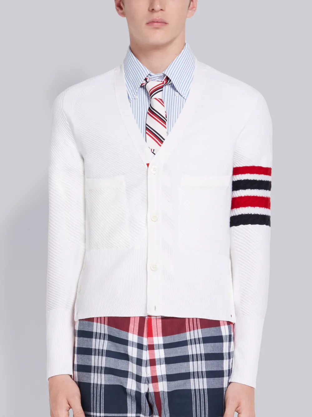 Thom Browne White Diagonal Stitch Four Bar Stripe Merino Cardigan In White