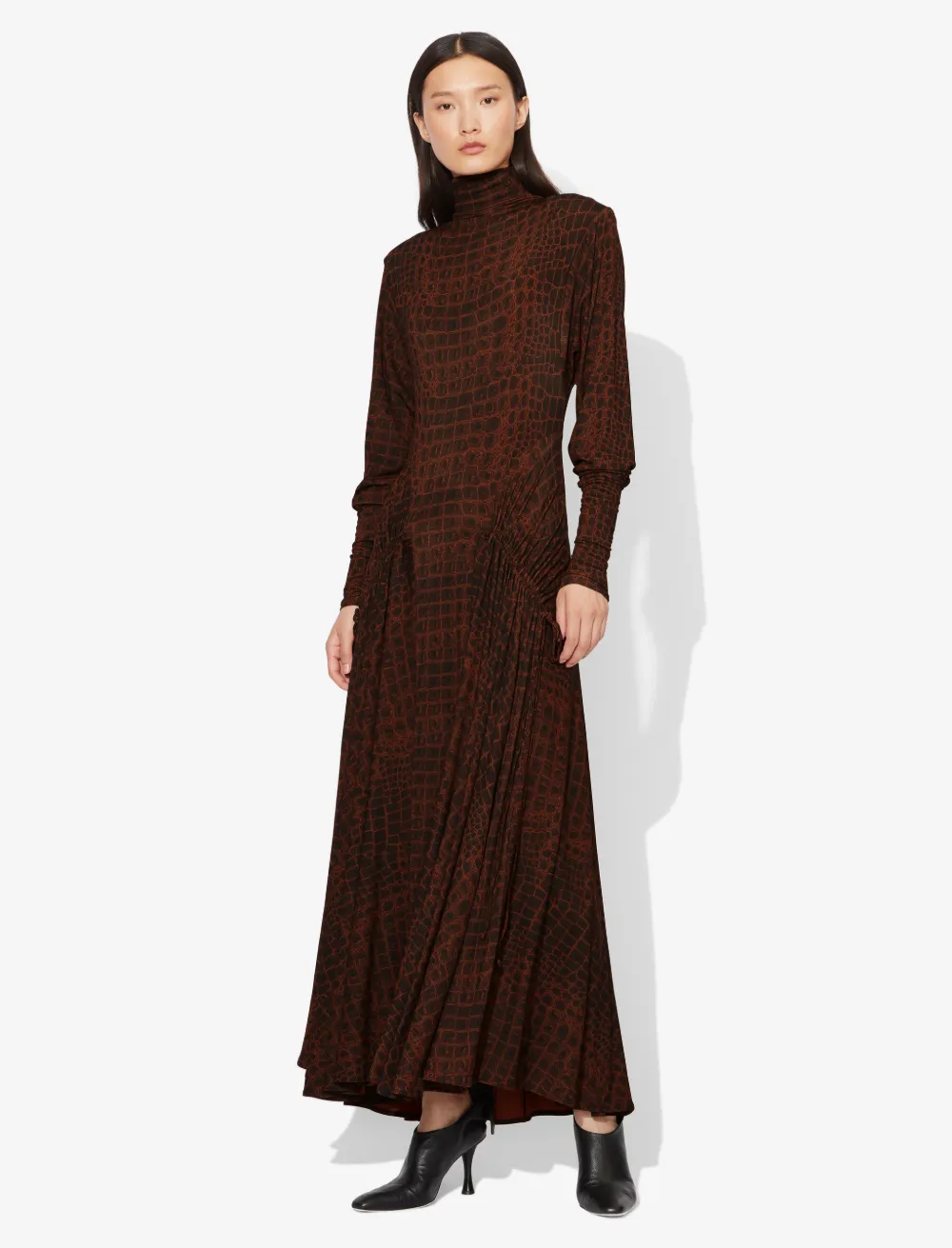 Image of Proenza Schouler Croc Print Long Sleeve Matte Jersey Turtleneck Dress black/brown crocodile XS