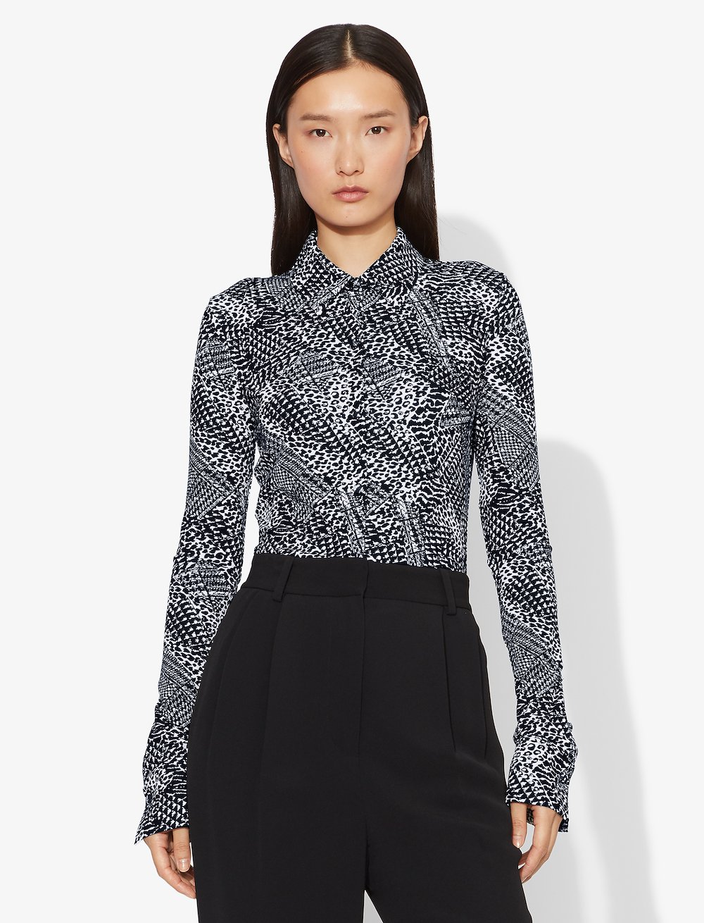 Patchwork Animal Long Sleeve Matte Jersey Button Down Top