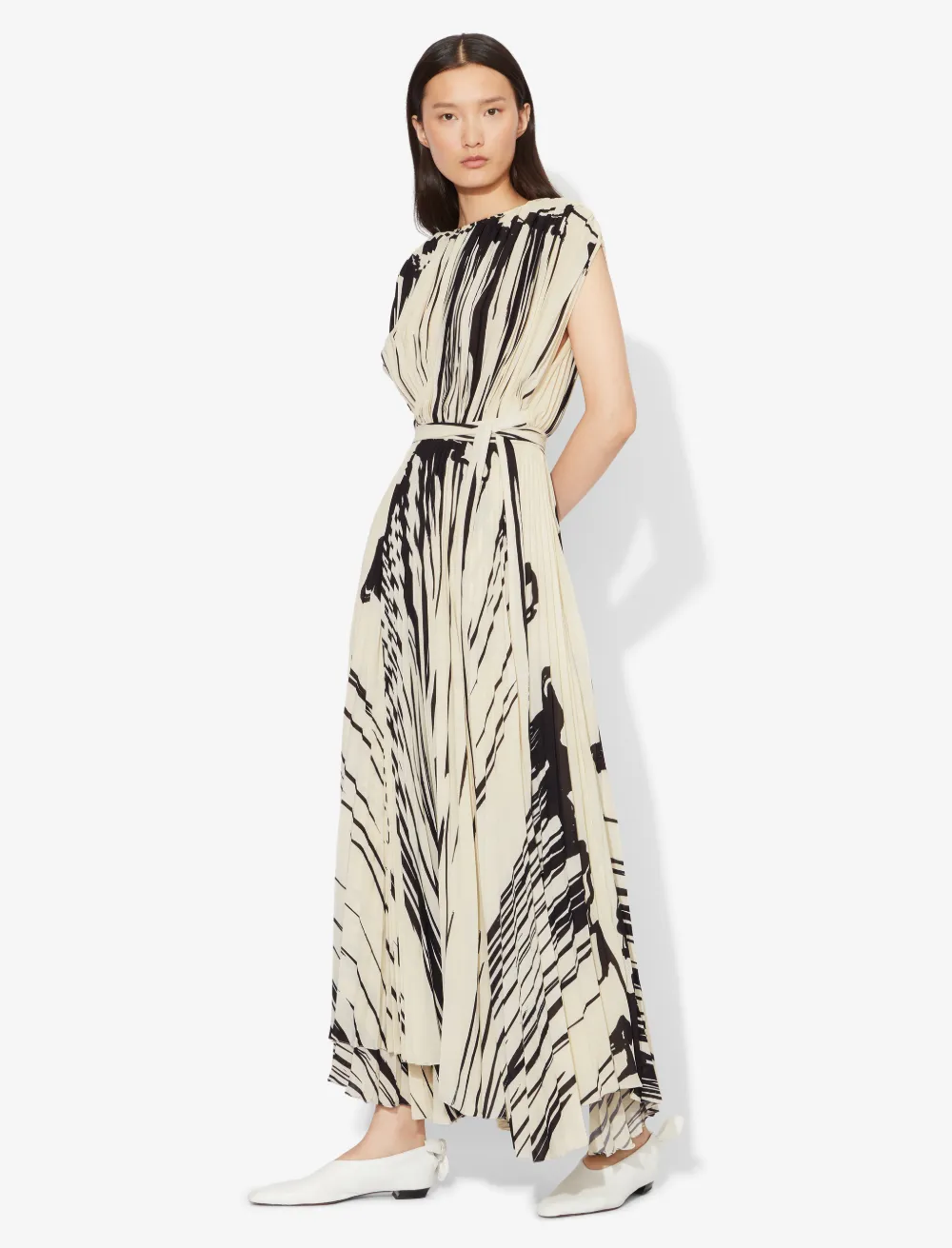 Image of Proenza Schouler Brush Stroke Print Sleeveless Pleated Wrap Dress ecru/black drape/neutrals