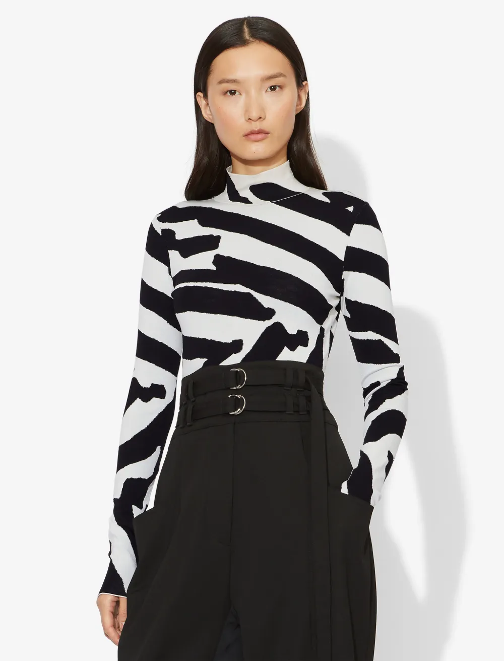 Image of Proenza Schouler Abstract Animal Print Jacquard Long Sleeve Turtleneck Top snow/black/white M