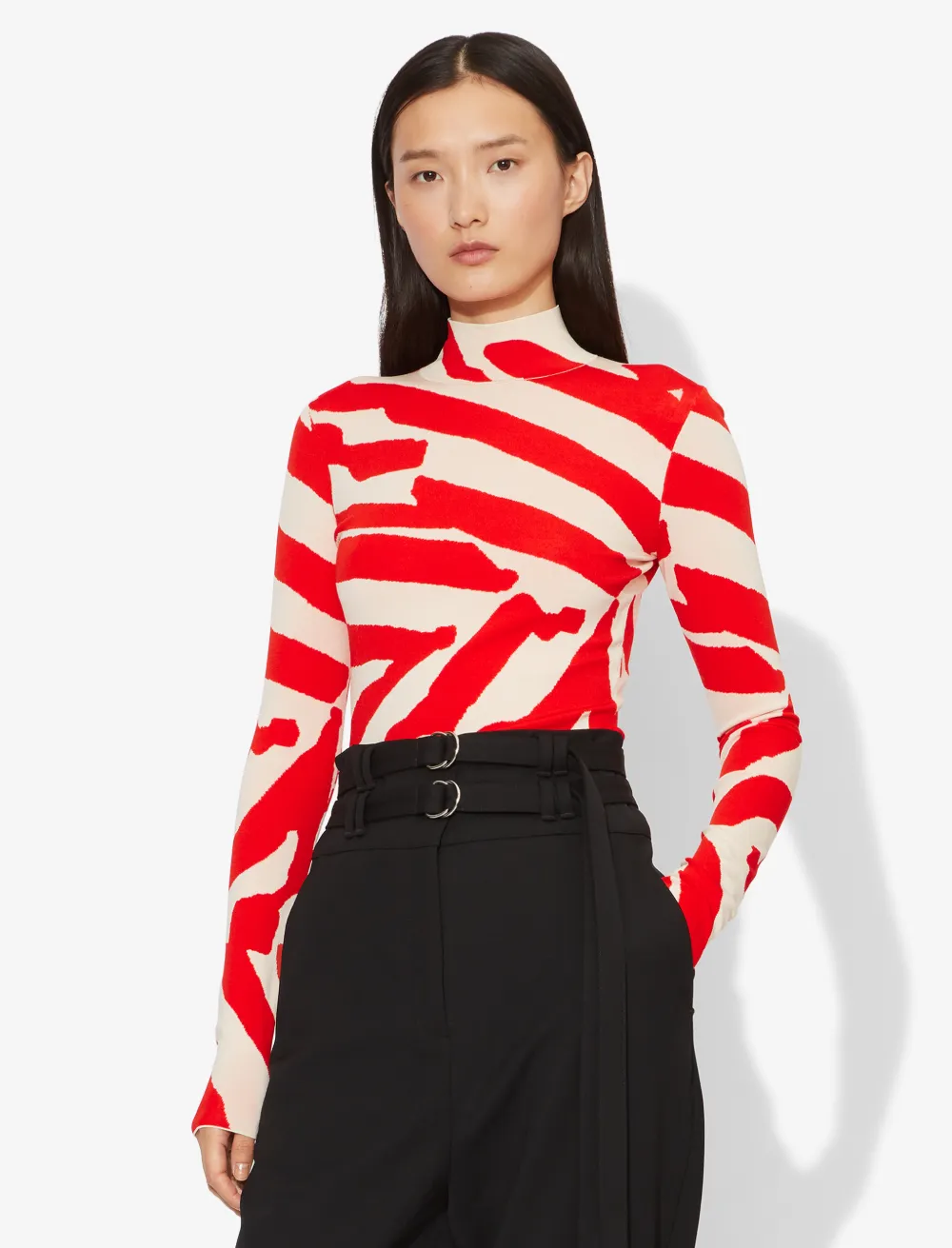 Image of Proenza Schouler Abstract Animal Print Jacquard Long Sleeve Turtleneck Top ecru/poppy/orange XS