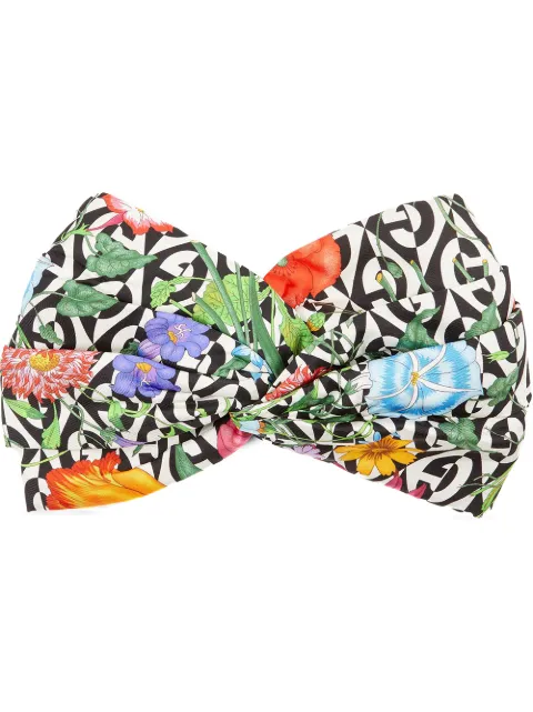 Click to view more detailed imagery on our partner's website Gucci Silk Headband With Flora And G Rhombus Print In Black