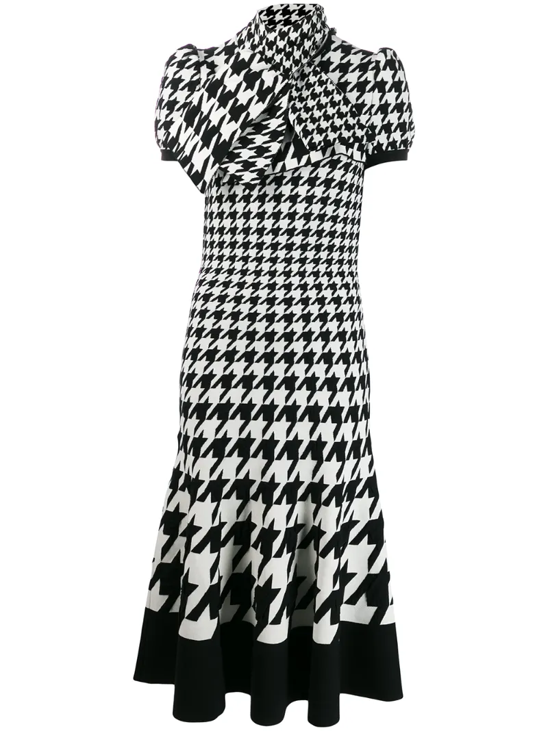 ALEXANDER MCQUEEN HOUNDSTOOTH FLARED MIDI DRESS