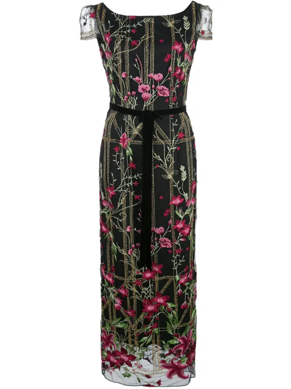 marchesa notte red floral embroidered sheath