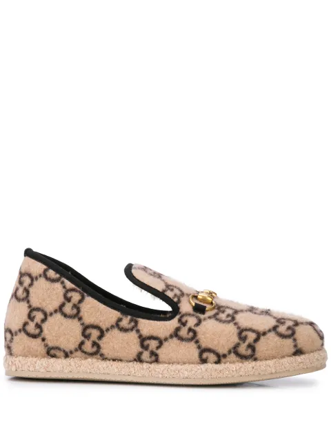Click to view more detailed imagery on our partner's website Gucci Horsebit Logo-Print Merino Wool Loafers In Neutrals