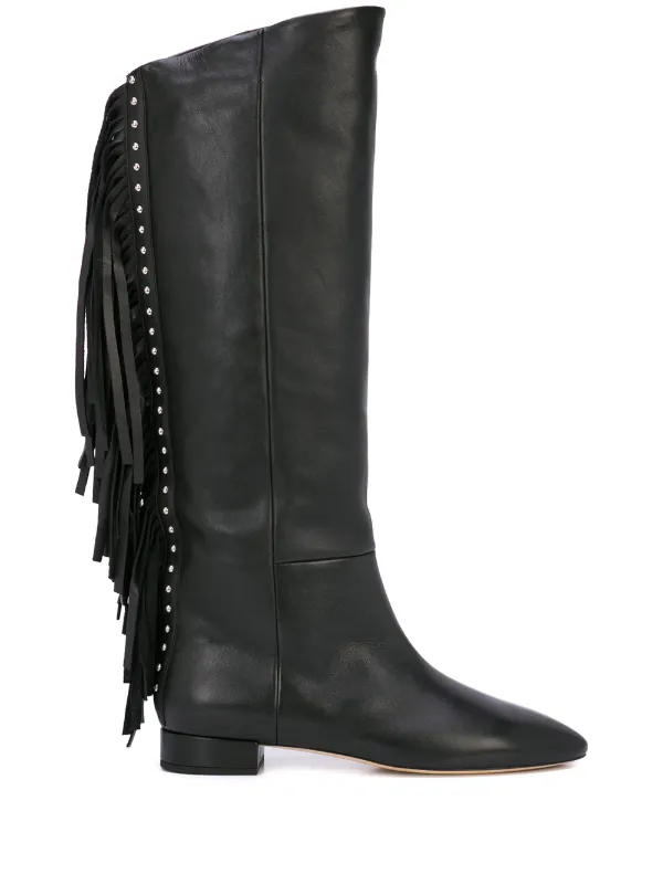 black fringe knee high boots