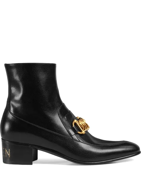 Click to view more detailed imagery on our partner's website Gucci Ebal Horsebit Chain Leather Heeled Boots In Black
