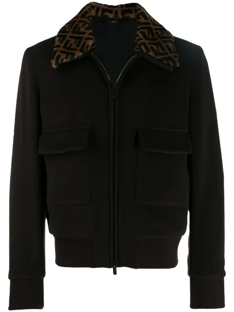 Click to view more detailed imagery on our partner's website Fendi Black Men's Ff Logo Collar Bomber Jacket In F0Bbk Brown