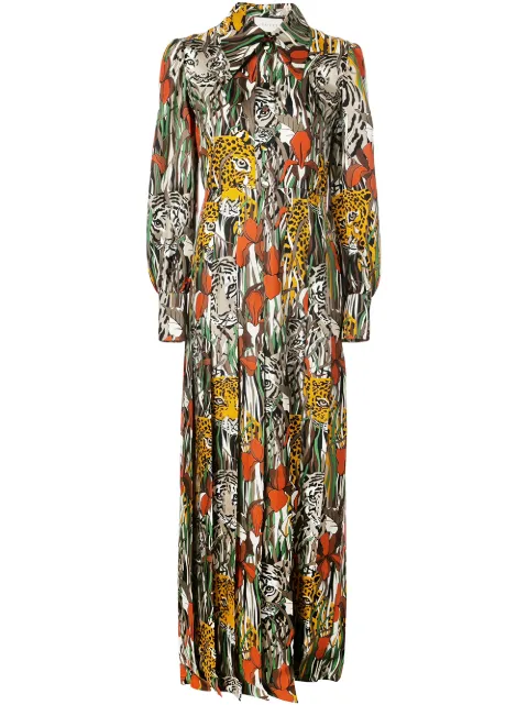Click to view more detailed imagery on our partner's website Gucci Feline Garden Print Long Sleeve Silk Dress In 2240 Beige/dk Orange Prt
