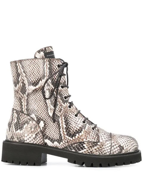 Click to view more detailed imagery on our partner's website Giuseppe Zanotti Thora Reptile Print Leather Combat Boots In Maskenada
