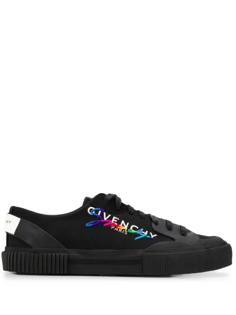 Click to view more detailed imagery on our partner's website Givenchy Embroidered Logo-Print Rubber And Suede-Trimmed Canvas Sneakers In 960 Black