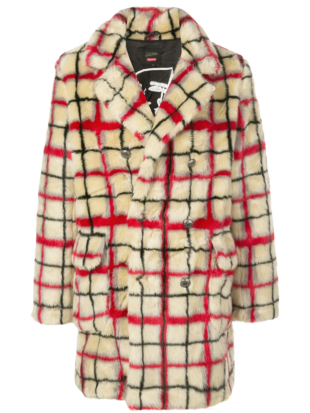 

Supreme JPG DBL Breasted Plaid Faux Fu coat - Red